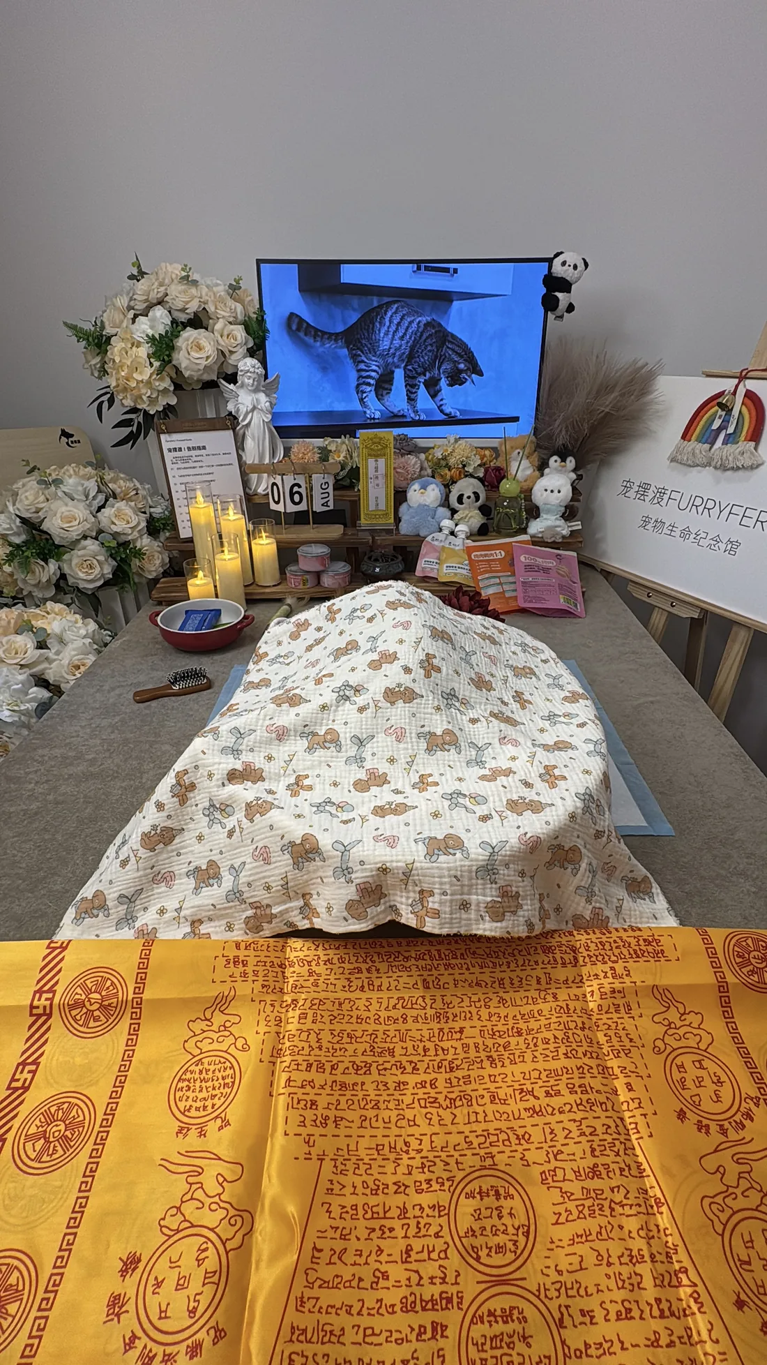 周口宠物告别仪式中的鲜花与纪念照片